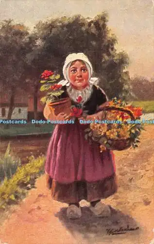 R229403 Frau Blumen Korb Gemälde W de Haan Serie 59 4 dessins 1908 Morks a