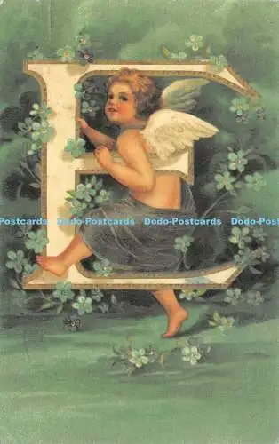 R231084 Mädchen mit Flügeln sitzt auf dem Buchstaben E Ristampa d epoca Postkarte