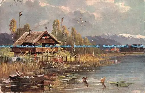 R243003 See Boot Haus Vögel Enten Berge Bäume Landschaft Gemälde Postkarte