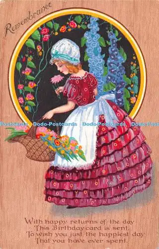 R284068 Erinnerung Mädchen und Korb mit Blumen Postkarte 1932
