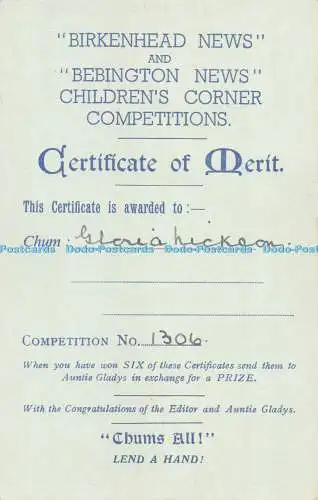 R299879 Birkenhead News and Bebington News Certificate of Merit No 1306