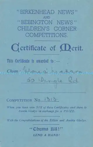 R299880 Birkenhead News and Bebington News Certificate of Merit No 1313