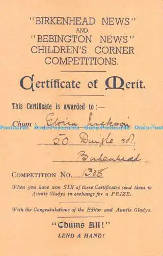 R299881 Birkenhead News and Bebington News Certificate of Merit No 1308