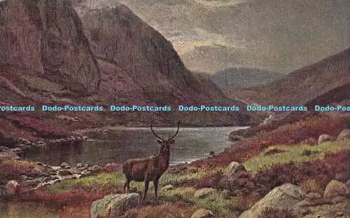 R320497 Gemälde Bergblick mit Hirsch La Carte Olio Procede Brevete de la Mai