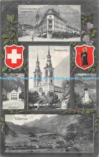 R317742 Bahnhofstrasse u Burgstraße Stadtkirche Bahnhof Burgkapelle Glarus G Me