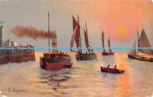 R327107 Sunset Segelboot im Meer A Besnou 1908