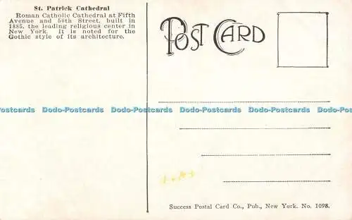 R328783 St Patricks Cathedral New York Success Postal Card Co No 1098