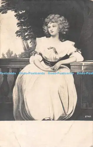 R330353 Zeichnung Frau im weißen Kleid sitzt am Tisch Postkarte 1909