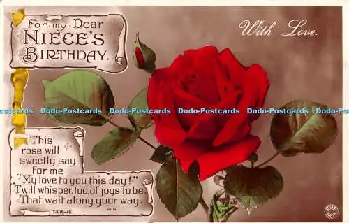 R329133 For My Dear Nichte Birthday With Love Red Rose Rotary Photo 1935