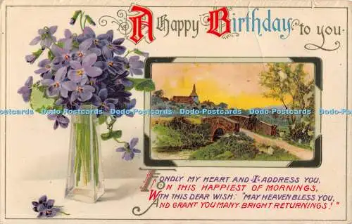 R344836 Happy Birthday To You blaue Blumen und Brücke mit Schloss Wildt und Kray