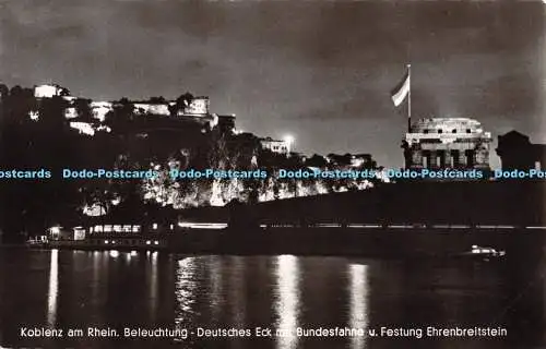 R351793 Koblenz am Rhein Beleuchtung Deutsches Eck mit Bundesfahne u Festung Ehr