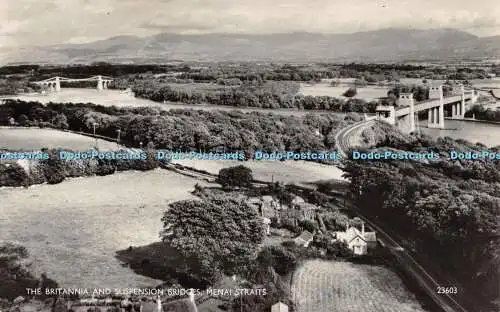 R365396 Menai Straits The Britannia and Suspension Bridges J Salmon RP