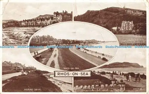 R371335 Rhos on Sea Marine Drive Promenade Rough Sea Valentine Photo Brown Multi