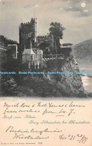 R368070 Gruss vom Rhein Burg Rheinstein bei Mondschein Verlag v Edm von König He