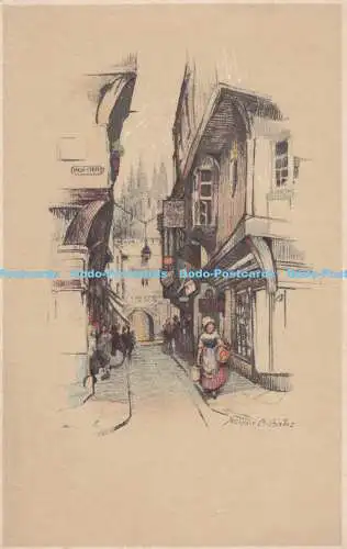 R372772 Zeichnung Menschen gehen nach Hause und die Straße hinunter Im Hintergrund ein Mädchen mit