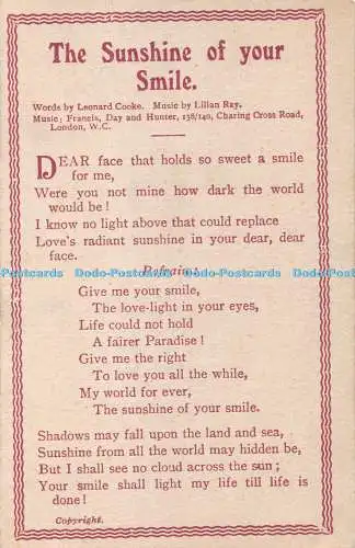 R374883 The Sunshine of your Smile Leonard Cooke Lilian Ray Francis Day and Hunt