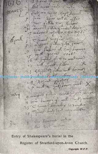 R378698 Eintragung von Shakespeares Bestattung im Register von Stratford upon Avon Chur