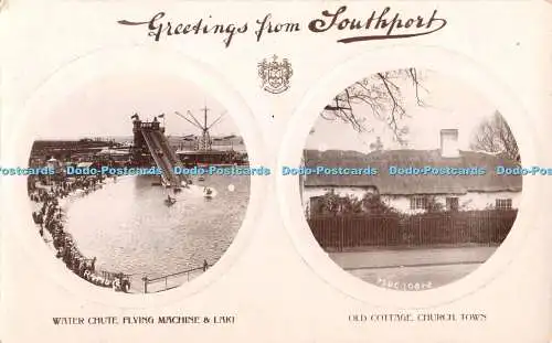 R374045 Grüße von Southport Water Chute Flying Machine und Lake Old Cottage