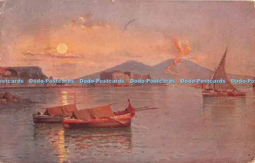 R377623 Napoli Vesuvio di notte con barche pescherecie Pittore G Carelli 1923