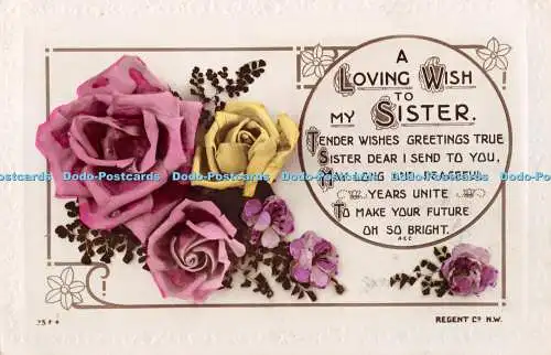 R381866 A Loving Wish To My Sister Colourful Roses The Regent Publishing RP 1925