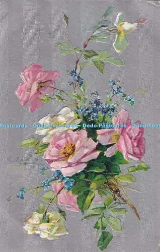 R385345 Weiße und rosa Rosen und blaue Blumen Birn Brothers Serie Nr 2103 1909