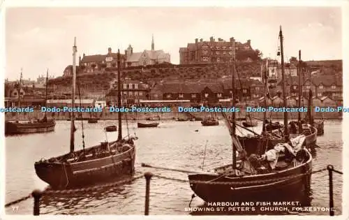 R387267 Folkestone Harbour and Fish Market Showing St Peter Church 1953