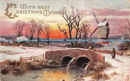 R397554 Mit besten Weihnachtswünschen Brücke Schnee Windmühle Gemälde Postkarte