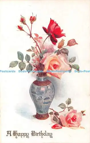 R405679 A Happy Birthday Blue Vase with Pink Roses W W Russell Modern Series