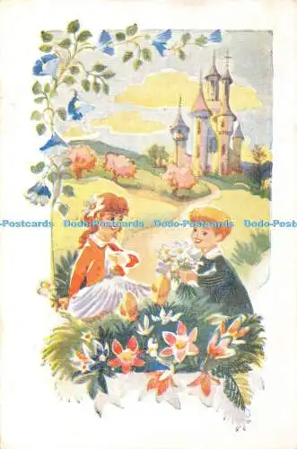 R406060 Mädchen und Junge Schloss Blumen Illustration Postkarte Emce Paris Sos Dorf