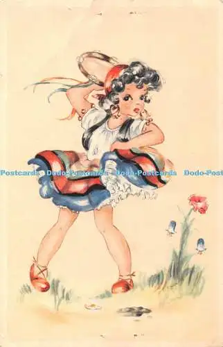 R407571 Mädchen mit schwarzen Haaren und blauem Kleid Coloprint 7357 Postkarte