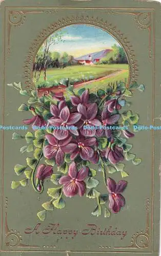 R424232 A Happy Birthday lila Blumen Postkarte 1911