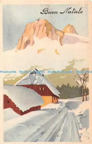 R432058 Buon Natale Winterhaus Berg Postkarte