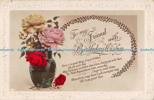 R438939 To my Friend with Birthday Wishes Roses in Vase RP 1924