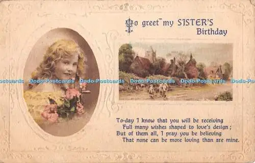 R437073 To Greet My Sister Birthday Village and Girl Philco Series No 1474 3