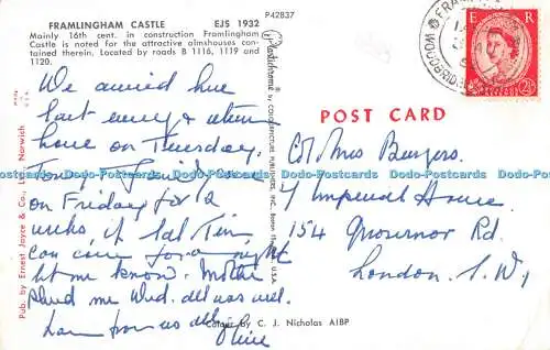 R477395 Framlingham Castle Ernest Joyce Plastichrome C J Nicholas A I B P 1962