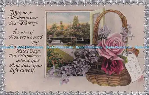 R469053 Mit den besten Wünschen an unsere liebe Schwester Gartenblumen im Korb