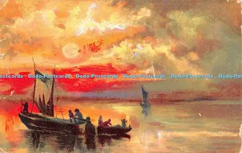 R480587 Sonnenuntergang Boote Menschen Gemälde Postkarte 1919