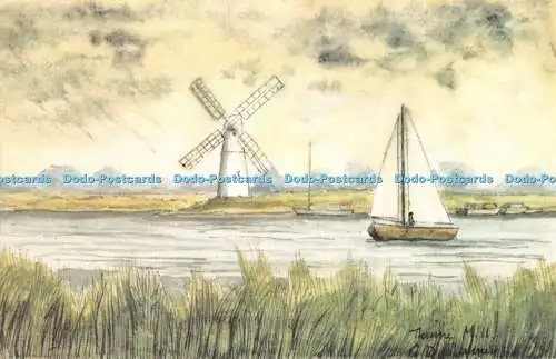 R508182 Windmühle Segelboot Fluss Gemälde Postkarte