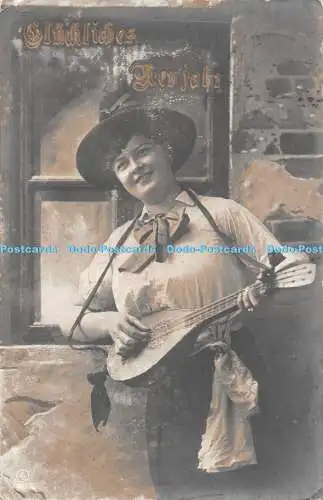 R516045 Gluckliches Neujahr Frau mit Hut und Musikinstrument in der Hand F Sche