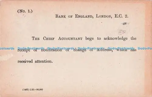 R729492 London Bank of England The Chief Accountant Begs To Acknowledge 1922