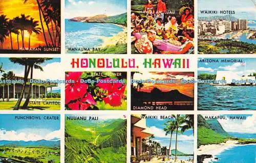 R528022 Honolulu Hawaii State Flower Arizona Memorial Waikiki Hotels Postkarten
