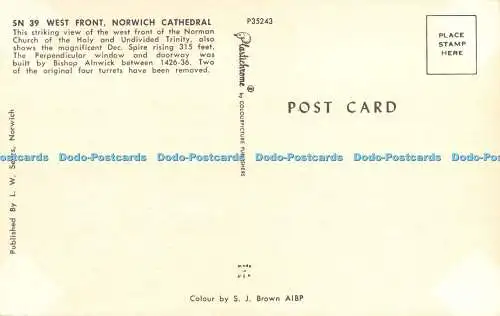 R529577 Norwich Cathedral West Front L W Sears Plastichrome S J Brown A I B P