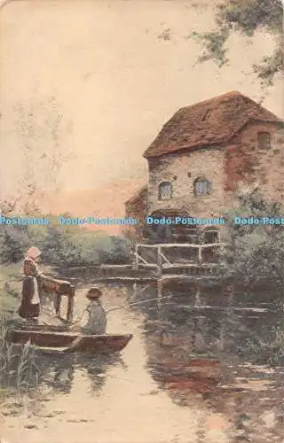 R538812 Altes Haus Der Junge sitzt in einem Boot Eine Frau am Fluss C W Faulkner