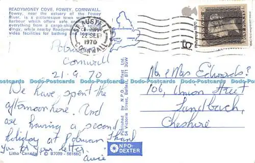 R552095 Readymoney Cove Fowey Cornwall Litho Kanada N P O Belfast Dexter 1970