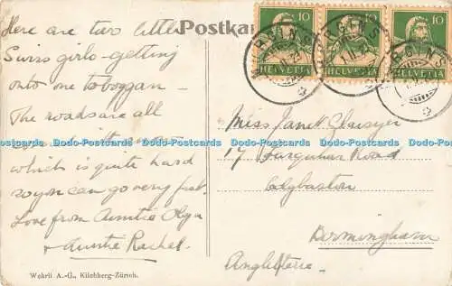 R558731 Zwei Mädchen fahren Schlitten Kilchberg Wehrli A G 1923