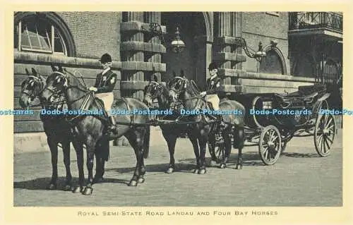 R566249 Royal Semi State Road Landau and Four Bay Horses Tuck Royal News Bucking