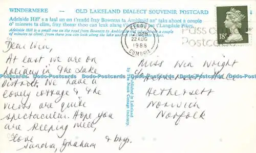 R570928 Windermere Old Lakeland Dialekt Souvenir Postkarte Adelaide Hill Nook Cot