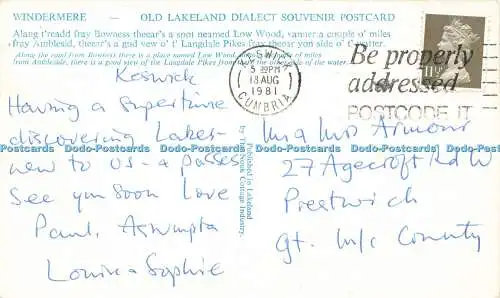 R570932 Windermere Old Lakeland Dialekt Souvenir Postkarte Bowness Low Wood Amble
