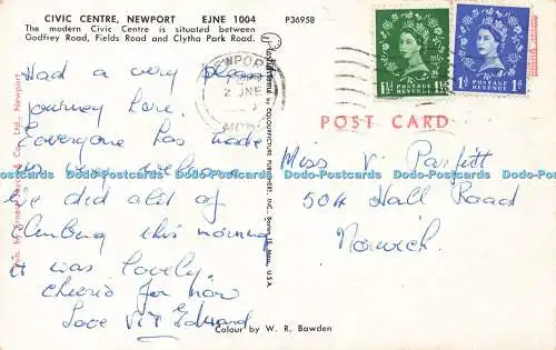 R571259 Civic Centre Newport EJNE 1004 Ernest Joyce W R Bawden Plastichrome Color