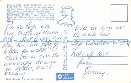 R571907 Craig Goch Dam Elan Valley Radnor Wales Litho Kanada N P O Belfast Dexte